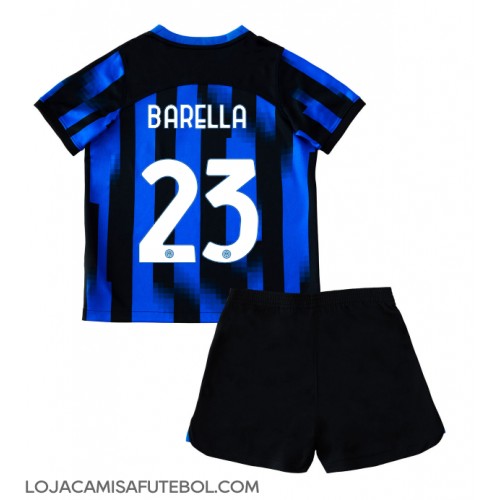 Camisa de Futebol Inter Milan Nicolo Barella #23 Equipamento Principal Infantil 2023-24 Manga Curta (+ Calças curtas)